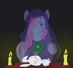 Size: 858x804 | Tagged: safe, artist:devorierdeos, angel bunny, fluttershy, pegasus, pony, rabbit, g4, candle, dead, eyes closed, female, hooves, mare, necromancy, x eyes