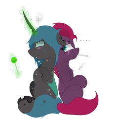 Size: 1844x1944 | Tagged: safe, artist:groomlake, fizzlepop berrytwist, queen chrysalis, tempest shadow, changeling, changeling queen, pony, unicorn, blushing, broken horn, candy, colored, cute, cutealis, duo, duo female, eye scar, female, food, glowing horn, horn, levitation, lollipop, magic, mare, scar, sexy, signature, simple background, sitting, spots, stupid sexy chrysalis, telekinesis, tempestbetes, white background