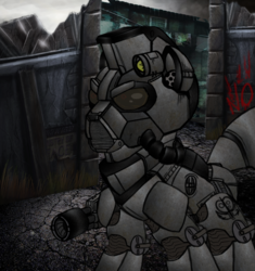 Size: 1518x1617 | Tagged: safe, artist:devorierdeos, oc, oc only, earth pony, pony, fallout equestria, armor, fanfic, fanfic art, gun, hooves, power armor, solo, steel ranger, weapon