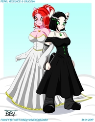 Size: 3500x4500 | Tagged: safe, artist:ravenousdash, oc, oc:death metal, oc:pearl necklace, earth pony, anthro, black, black hair, bride, clothes, couple, dress, duo, female, formal, green eyes, lesbian, marriage, married, married couple, married life, oc x oc, pink, pink fur, ranchtown, red, red eyes, red hair, shipping, wedding, wedding dress, white, white fur