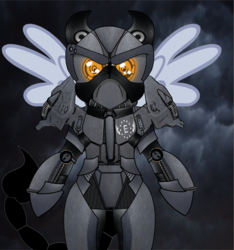 Size: 1898x2030 | Tagged: safe, artist:devorierdeos, oc, oc only, pegasus, pony, fallout equestria, armor, cloud, cloudy, enclave, enclave armor, fanfic, fanfic art, flying, grand pegasus enclave, hooves, male, power armor, solo, spread wings, stallion, wings