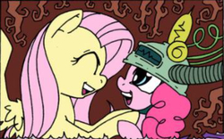 Size: 618x385 | Tagged: safe, artist:mohawkrex, artist:whysoseriouss, fluttershy, pinkie pie, pony, comic:a piece of pie, g4, cropped, female, filly, filly pinkie pie, younger