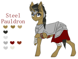Size: 786x591 | Tagged: safe, artist:luuny-luna, oc, oc only, oc:steel pauldron, pony, unicorn, armor, female, mare, reference sheet, simple background, solo, transparent background