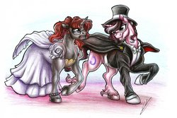 Size: 3444x2303 | Tagged: safe, artist:lupiarts, oc, oc only, oc:curse word, oc:magpie, pony, 2018, anime, chiba mamoru, clothes, colored, commission, crossover, dress, dressup, female, hat, high res, lesbian, love, mane, mare, marriage, mask, princess serenity, raised hoof, romance, sailor moon (series), tsukino usagi, tuxedo, tuxedo mask, wedding
