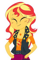 Size: 1200x1600 | Tagged: safe, artist:nene, sunset shimmer, equestria girls, g4, my little pony equestria girls: better together, blushing, clothes, cute, eyes closed, female, hand on hip, hnnng, jewelry, necklace, shimmerbetes, simple background, smiling, solo, white background