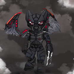 Size: 1000x1000 | Tagged: safe, artist:devorierdeos, oc, oc only, pegasus, pony, fallout equestria, armor, bipedal, blade, cloud, cloudy, enclave, enclave armor, fanfic, fanfic art, grand pegasus enclave, hooves, power armor, solo, spread wings, wings