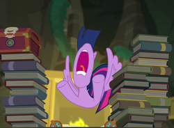 Size: 1206x889 | Tagged: safe, screencap, twilight sparkle, alicorn, pony, equestria girls, equestria girls specials, g4, my little pony equestria girls: better together, my little pony equestria girls: forgotten friendship, book, chest, cropped, female, great moments in animation, library, mare, nose in the air, smear frame, solo, twilight sparkle (alicorn), yelling