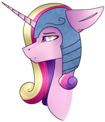 Size: 979x1136 | Tagged: safe, artist:okimichan, princess cadance, pony, g4, bust, female, helmet, portrait, simple background, solo, teary eyes, transparent background