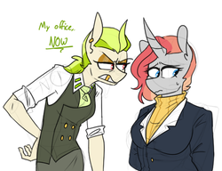 Size: 591x455 | Tagged: safe, artist:redxbacon, oc, oc only, oc:golden keylime, oc:scribble snug, anthro, angry, anthro oc, clothes, female, mare, necktie, office lady, rolled up sleeves, vest