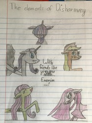 Size: 3264x2448 | Tagged: safe, artist:asiandra dash, applejack, fluttershy, pinkie pie, rarity, twilight sparkle, earth pony, pegasus, pony, unicorn, g4, colored pencil drawing, discorded applejack, discorded fluttershy, discorded pinkie pie, discorded rarity, discorded twilight, female, flutterbitch, greedity, high res, liarjack, lined paper, mare, meanie pie, pencil drawing, rainbow ditch, traditional art