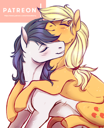 Size: 1447x1777 | Tagged: safe, artist:1an1, applejack, oc, oc:constance everheart, earth pony, pony, g4, blushing, canon x oc, everjack, eyes closed, female, hug, male, patreon, shipping, simple background, smiling, stallion, straight, white background