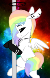 Size: 595x919 | Tagged: safe, artist:bla3zthealphawolf, oc, oc only, pony, bipedal, clothes, ear piercing, eyes closed, female, halo, jewelry, necklace, piercing, pole, pole dancing, rainbow hair, smiling, socks, solo, stripper pole, wings