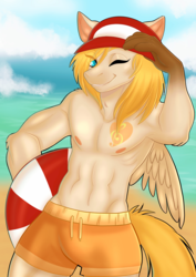 Size: 3508x4961 | Tagged: safe, artist:techagau, oc, oc only, oc:aurryhollows, pegasus, anthro, anthro oc, armpits, clothes, hat, male, one eye closed, partial nudity, solo, swimming trunks, topless, wink
