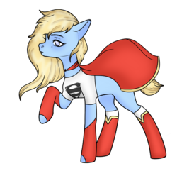 Size: 1031x994 | Tagged: safe, artist:irennecalder, artist:klewgcg, oc, oc only, oc:kara krypta, earth pony, pony, base used, blank flank, boots, cape, clothes, collaboration, commission, dc comics, female, fingerless gloves, gloves, mare, raised hoof, shirt, shoes, simple background, socks, solo, supergirl, t-shirt, transparent background, white socks