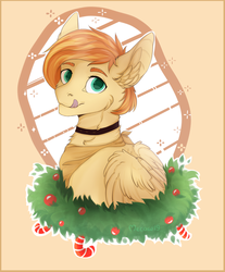Size: 1154x1392 | Tagged: safe, artist:mecaw, oc, oc only, oc:aurryhollows, pegasus, pony, :p, bandana, bust, christmas, collar, colored pupils, ear fluff, holiday, looking at you, male, silly, solo, stallion, tongue out, ych result