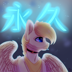Size: 1000x1000 | Tagged: safe, artist:alphadesu, oc, oc only, oc:aurryhollows, pegasus, pony, bandana, bust, chinese, collar, colored pupils, ear fluff, japanese, male, neon, solo, spread wings, stallion, wings, ych result