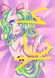 Size: 1280x1811 | Tagged: safe, artist:yamikonek0, oc, oc only, oc:candy mena, pony, christmas, christmas stocking, clothes, cute, heart eyes, holiday, innocent, lying down, pink, socks, solo, striped socks, sweet, wingding eyes