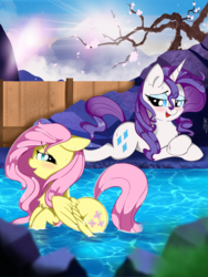 Size: 3000x4000 | Tagged: safe, artist:saralien, fluttershy, rarity, pegasus, pony, unicorn, g4, cherry blossoms, duo, eyes on the prize, female, flower, flower blossom, hot springs, japan, mare, mist, mountain, neighpon, onsen, relaxing, rock, smiling, tree, water, wet, wet mane