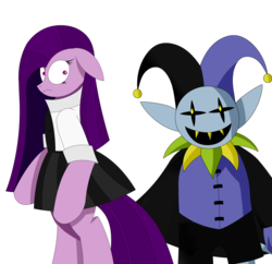 Size: 3000x2900 | Tagged: safe, oc, oc:visionwing, pony, creeped out, deltarune, front view, high res, jevil, side view, simple background, standing, tiny pupils, wide eyes