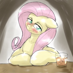 Size: 1536x1536 | Tagged: safe, artist:kurogewapony, fluttershy, pegasus, pony, g4, alcohol, blushing, drunk, female, glass, go home you're drunk, lidded eyes, looking at you