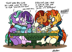 Size: 6005x4330 | Tagged: safe, artist:bobthedalek, firelight, starlight glimmer, stellar flare, sunburst, pony, unicorn, g4, absurd resolution, baby picture, clothes, colt, colt sunburst, cup, eyes closed, father and daughter, fathers gonna father, female, filly, filly starlight glimmer, foal, group, hair flip, hair over one eye, male, mare, mother and son, mothers gonna mother, parents gonna parent, photo album, quartet, shocked, stallion, stool, table, teacup, teapot, yearbook, young, younger