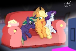 Size: 2000x1351 | Tagged: safe, artist:succubi samus, applejack, rarity, oc, oc:pixelated star, earth pony, pony, unicorn, g4, commission, couch, cowboy hat, cute, eyeshadow, female, food, glasses, hat, lesbian, lidded eyes, makeup, mare, movie, popcorn, ship:rarijack, shipping, show accurate, signature, sitting, smiling, television