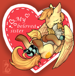 Size: 976x986 | Tagged: safe, artist:teichi, oc, oc only, oc:aurryhollows, oc:dianthus, pony, brother and sister, clothes, cuddling, cute, female, male, socks, striped socks, wings