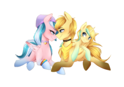 Size: 1024x720 | Tagged: safe, artist:sugarberry, oc, oc:aurryhollows, oc:foxyhollows, pony, collar, cute, foxrry, male, oc x oc, shipping, stallion, wings