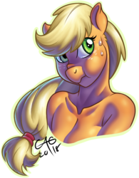 Size: 632x812 | Tagged: safe, artist:minipicaso, applejack, earth pony, anthro, g4, bust, female, implied nudity, lip bite, nervous, signature, simple background, solo, sweat, white background