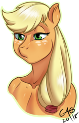 Size: 496x771 | Tagged: safe, artist:minipicaso, applejack, earth pony, anthro, g4, bemused, bust, female, implied nudity, signature, simple background, solo, white background