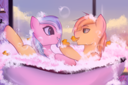 Size: 3000x2000 | Tagged: safe, artist:sinigam41, oc, oc:aurryhollows, oc:foxyhollows, pony, bath, bathtub, bubble bath, collar, cute, foxrry, high res, male, oc x oc, shipping, stallion, wings