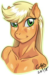 Size: 459x705 | Tagged: safe, artist:minipicaso, applejack, earth pony, anthro, g4, bust, female, implied nudity, signature, simple background, smiling, solo, white background