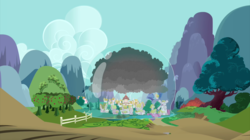 Size: 2880x1616 | Tagged: safe, screencap, g4, magic duel, apple tree, cloud, dome, mountain, no pony, ponyville, ponyville town hall, scenery, town, tree