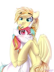 Size: 774x1032 | Tagged: safe, artist:allisonbacker, oc, oc only, oc:aurryhollows, oc:minty crumble, pony, :p, collar, cuddling, cute, male, stallion, tongue out, wings
