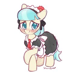 Size: 1638x1638 | Tagged: safe, artist:dawnfire, coco pommel, earth pony, pony, g4, blushing, clothes, cocobetes, colored pupils, cute, daaaaaaaaaaaw, female, french maid, maid, mare, raised hoof, signature, simple background, smiling, solo, white background