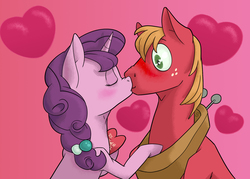 Size: 2100x1500 | Tagged: safe, artist:shizzli, big macintosh, sugar belle, earth pony, pony, unicorn, g4, duo, female, floating heart, heart, kiss on the lips, kissing, male, mare, ship:sugarmac, shipping, stallion, straight