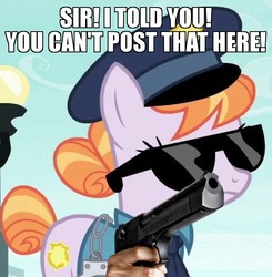 Size: 922x940 | Tagged: safe, edit, edited screencap, screencap, copper top, earth pony, pony, g4, the gift of the maud pie, annoyed, arrest, caption, delet this, desert eagle, female, gun, handgun, image macro, impact font, meme, police, reaction image, solo, suddenly hands, sunglasses, text, warning, weapon