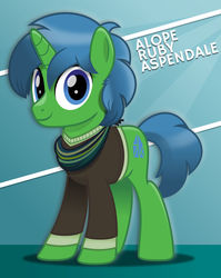 Size: 800x1005 | Tagged: safe, artist:jhayarr23, oc, oc only, oc:alope ruby aspendale, pony, unicorn, clothes, cutie mark, happy, jumper, male, scarf, solo, stallion, standing, text, vector