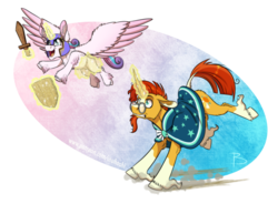 Size: 1800x1325 | Tagged: safe, artist:inuhoshi-to-darkpen, princess flurry heart, sunburst, alicorn, classical unicorn, pony, unicorn, butt fluff, chest fluff, cloven hooves, curved horn, cute, dragging, duo, dust, ear fluff, facial hair, feathered fetlocks, female, filly, floppy ears, fluffy, flurrybetes, flying, frown, glare, glowing horn, goatee, gritted teeth, helmet, hoof fluff, horn, leg fluff, leonine tail, levitation, looking up, magic, male, mare, older, older flurry heart, open mouth, pulling, raised leg, running, shield, shoulder fluff, simple background, skidding, smiling, smirk, spread wings, stallion, telekinesis, transparent background, trotting, uncle sunburst, unshorn fetlocks, warrior flurry heart, wide eyes, wing fluff, wings, wooden sword, worried