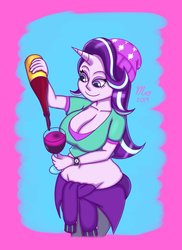 Size: 1488x2048 | Tagged: safe, artist:marches45, starlight glimmer, human, g4, beanie, belly button, bottle, breasts, busty starlight glimmer, cleavage, clothes, crunk, drink, female, glim glam, hat, hips, hoodie, horn, horned humanization, humanized, juice, midriff, short shirt, smiling, solo, watch, wristwatch