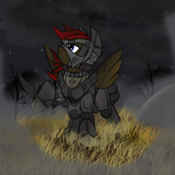 Size: 1000x1000 | Tagged: safe, artist:devorierdeos, oc, oc only, oc:lengard, pegasus, pony, fallout equestria, armor, cloud, cloudy, dashite, dead tree, enclave armor, fanfic, fanfic art, grass, hooves, male, night, power armor, raised hoof, solo, spread wings, stallion, stars, tree, wings