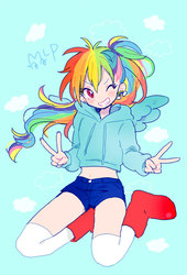 Size: 500x737 | Tagged: safe, artist:aco, rainbow dash, human, g4, blue background, clothes, cute, dashabetes, ear piercing, earring, female, humanized, jewelry, one eye closed, peace sign, piercing, pixiv, simple background, smiling, socks, solo, winged humanization, wings, wink