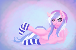 Size: 900x600 | Tagged: safe, artist:lucykor, oc, oc only, oc:foxyhollows, pony, clothes, collar, socks, solo, striped socks