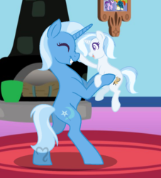 Size: 784x864 | Tagged: safe, artist:adelemlp, trixie, oc, oc:debbie, pony, unicorn, g4, base used, bipedal, boop, cute, diatrixes, eyes closed, female, filly, holding a pony, mare, mother and daughter, ocbetes, offspring, parent:double diamond, parent:trixie