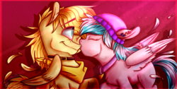 Size: 1890x950 | Tagged: safe, artist:phantomlemon, oc, oc:aurryhollows, oc:foxyhollows, pony, couple, cute, eyes closed, foxrry, kissing, wings