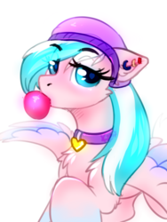 Size: 768x1023 | Tagged: safe, oc, oc only, oc:foxyhollows, pegasus, pony, bubblegum, cheek fluff, chest fluff, collar, colored wings, colored wingtips, ear fluff, ear piercing, female, food, gum, hat, leg fluff, looking at you, mare, piercing, raised hoof, signature, simple background, solo, spread wings, white background, wings
