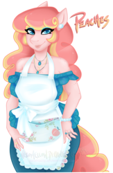 Size: 2699x4148 | Tagged: safe, artist:nekomellow, oc, oc only, oc:peaches, earth pony, anthro, anthro oc, apron, clothes, female, heart, heart eyes, jewelry, mare, mom, mother, necklace, shoulderless, wingding eyes