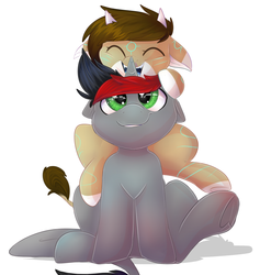 Size: 1482x1562 | Tagged: safe, artist:donutnerd, oc, oc only, oc:cinder smith, oc:rune, pony, unicorn, commission, eyes closed, female, filly, friendship, hoof touching, horns, looking up, male, on back, pair, stallion