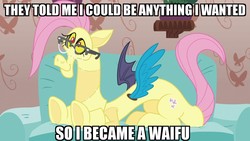 Size: 1280x720 | Tagged: safe, edit, edited screencap, screencap, discord, draconequus, discordant harmony, g4, caption, clothes, costume, couch, disguise, fluttershy suit, glasses, happy, image macro, impact font, male, meme, shitposting, solo, text, they told me, waifu, weird fetish