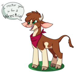 Size: 998x947 | Tagged: safe, artist:thedefinitionofsad, arizona (tfh), cow, them's fightin' herds, bandana, cloven hooves, community related, dialogue, female, floppy ears, misspelling, neckerchief, open mouth, simple background, solo, speech bubble, transparent background